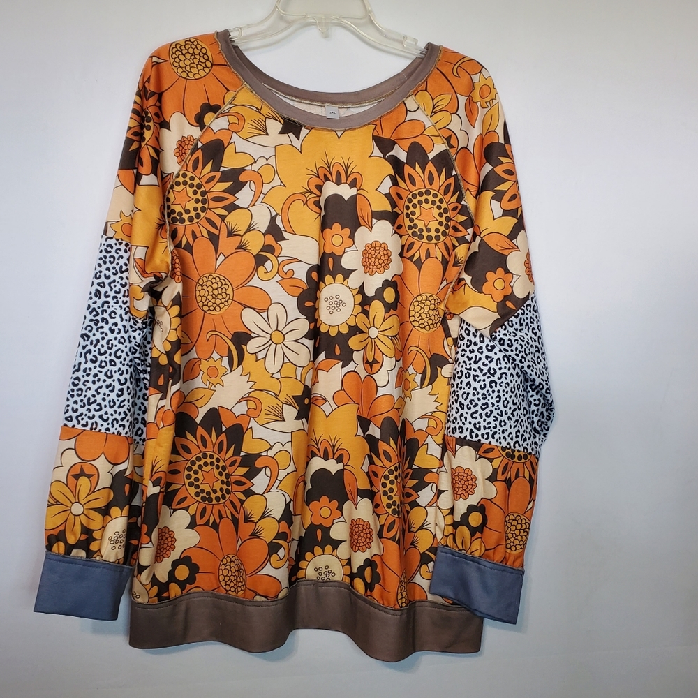 Retro Size 2X Knit Blouse Terry Loop Inside Flower Cheetah Print Banded Sleeves